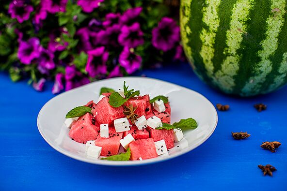 Watermelon salad with added cheese in the fermented milk version of the watermelon diet